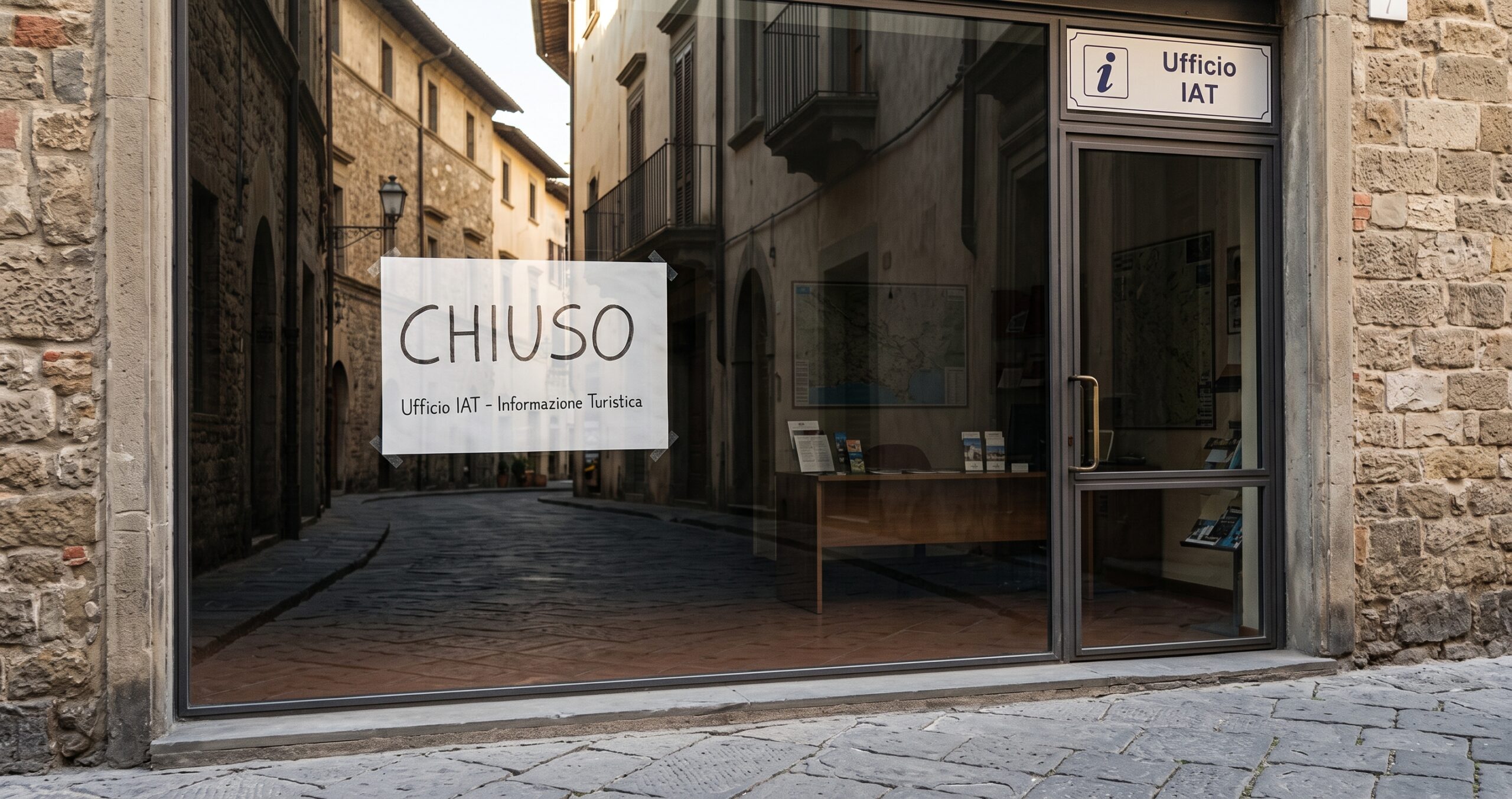 Vetrina di un ufficio IAT chiuso con visitatrice che ascolta una narrazione digitale per il marketing turistico nei piccoli comuni