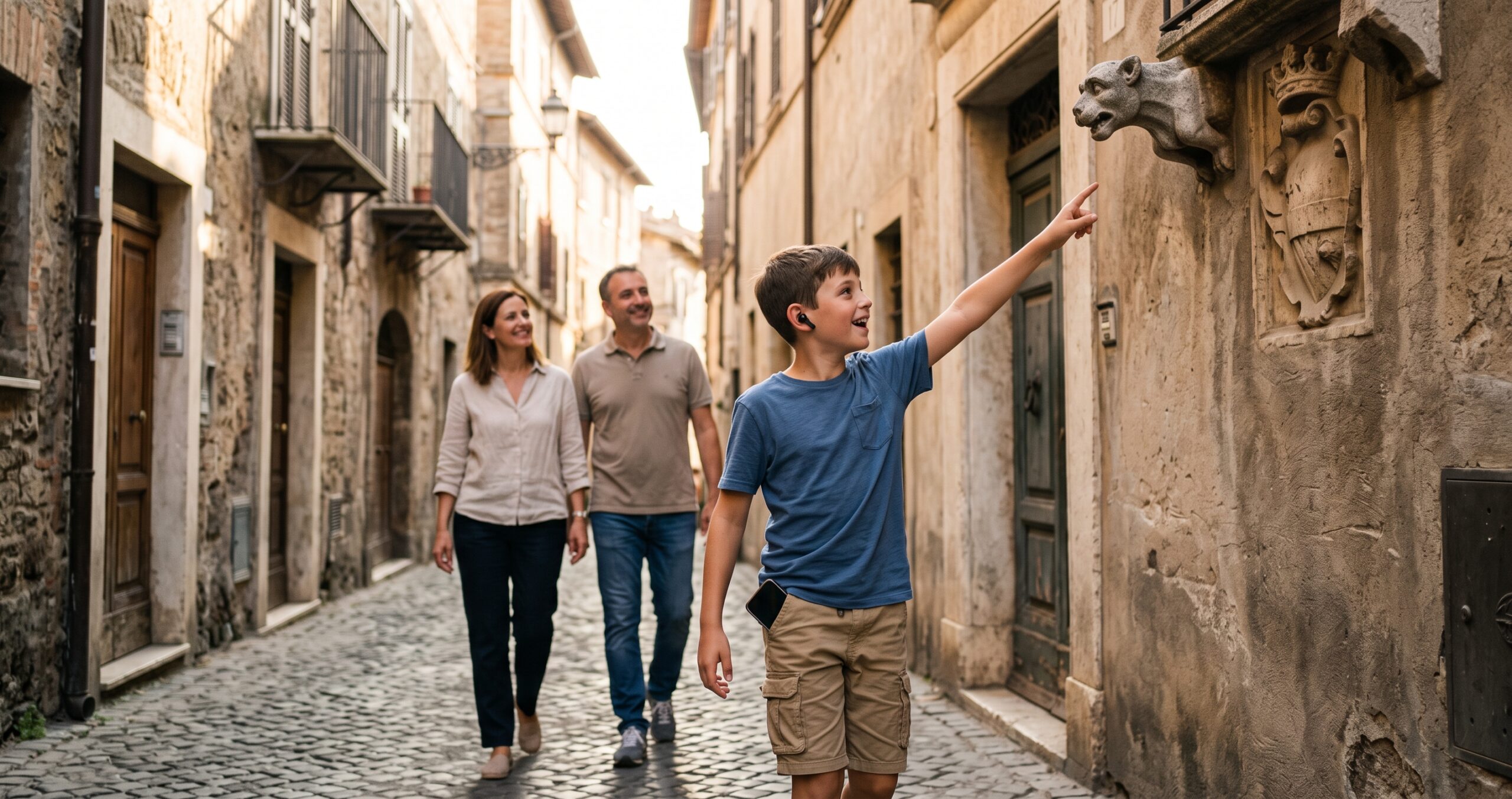 Ragazzo con auricolari che indica un bassorilievo ai genitori sperimentando la gamification e turismo culturale tra i vicoli storici