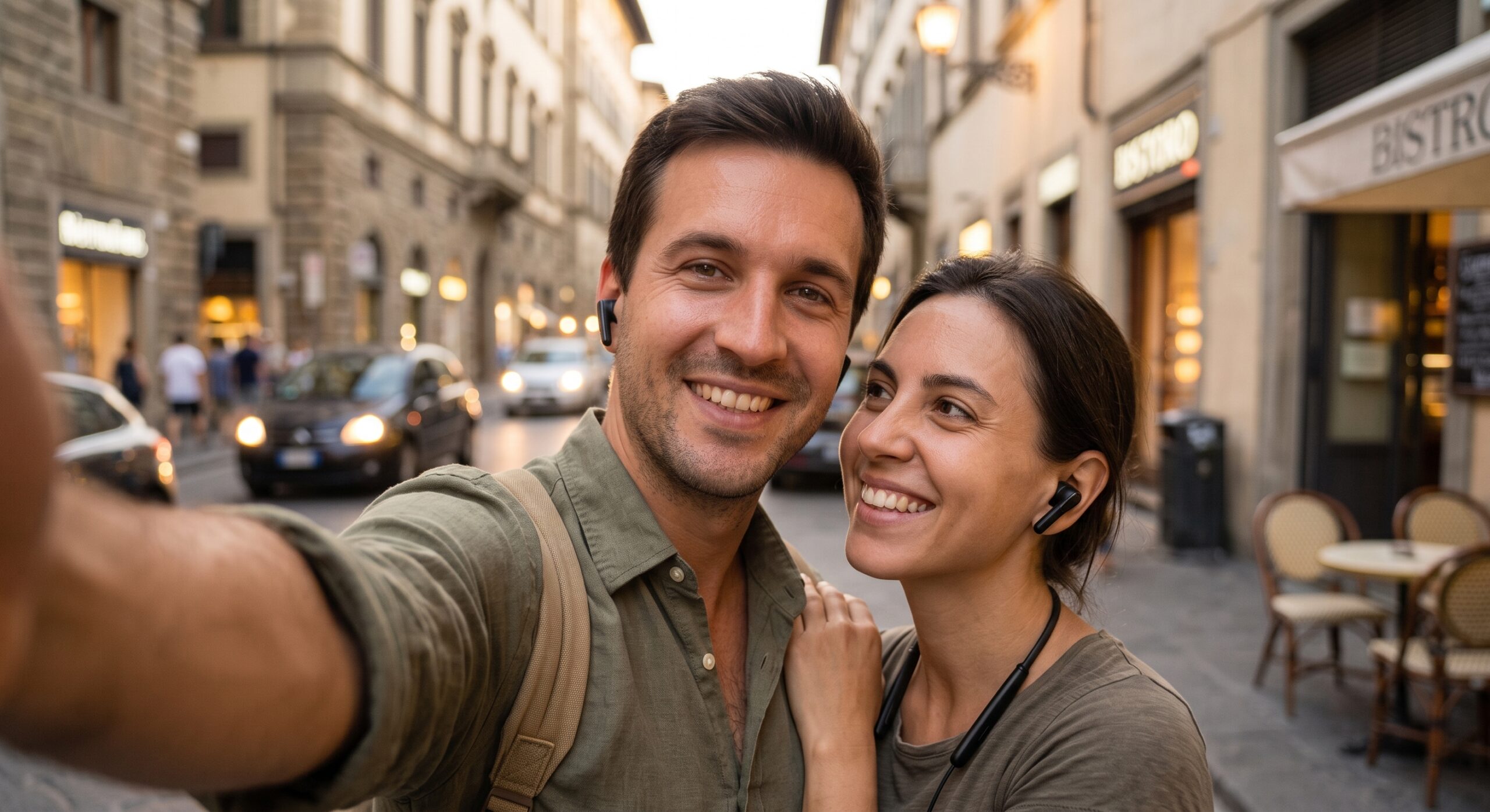 Coppia in un borgo che ascolta un'audioguida durante un'esperienza di slow travel di coppia